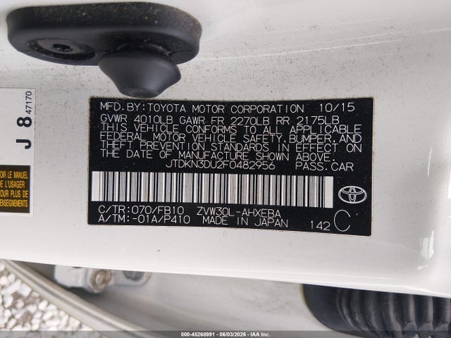 45268991 :رقم المزاد ، JTDKN3DU2F0482956 vin ، 2015 Toyota Prius Two مزاد بيع