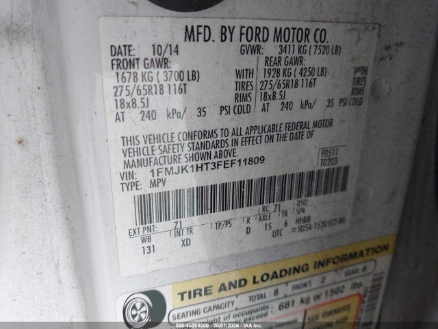 45269000 :رقم المزاد ، 1FMJK1HT3FEF11809 vin ، 2015 Ford Expedition El Xlt مزاد بيع