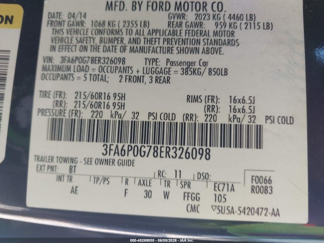 Продажа на аукционе авто 2014 Ford Fusion S, vin: 3FA6P0G78ER326098, номер лота: 45269005
