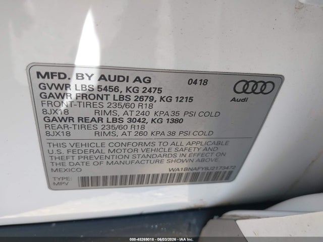 2018 Audi Q5 2.0t Premium/2.0t Tech Premium მანქანა იყიდება აუქციონზე, vin: WA1BNAFY8J2173472, აუქციონის ნომერი: 45269018