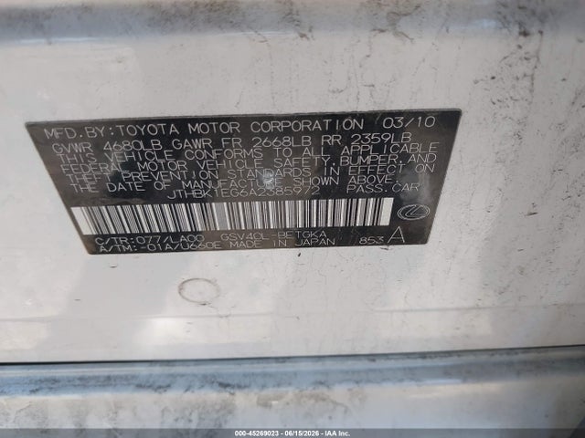 Auction sale of the 2010 Lexus Es 350, vin: JTHBK1EG6A2385972, lot number: 45269023