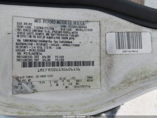 Aukcja sprzedaży 2003 Mercury Sable Gs, vin: 1MEFM50U13G606156, numer aukcji: 45269029