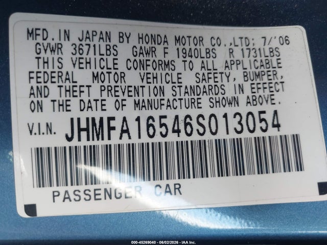 Продажа на аукционе авто 2006 Honda Civic Lx, vin: JHMFA16546S013054, номер лота: 45269040