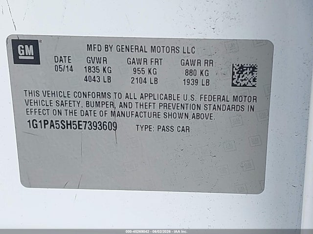 45269042 :رقم المزاد ، 1G1PA5SH5E7393609 vin ، 2014 Chevrolet Cruze Ls Auto مزاد بيع
