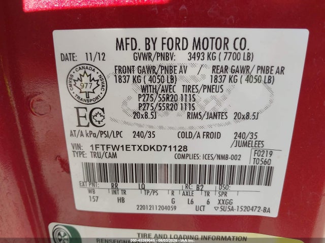 Aukcja sprzedaży 2013 Ford F-150 Lariat, vin: 1FTFW1ETXDKD71128, numer aukcji: 45269045