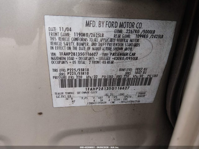 2005 Ford Five Hundred Limited მანქანა იყიდება აუქციონზე, vin: 1FAHP28135G116627, აუქციონის ნომერი: 45269051