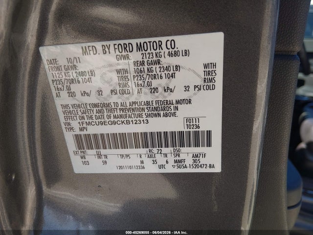 Продажа на аукционе авто 2012 Ford Escape Limited, vin: 1FMCU9EG9CKB12313, номер лота: 45269055