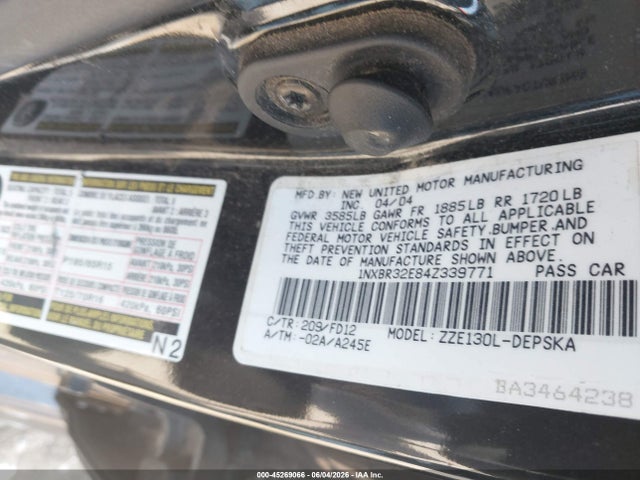2004 Toyota Corolla S მანქანა იყიდება აუქციონზე, vin: 1NXBR32E84Z339771, აუქციონის ნომერი: 45269066
