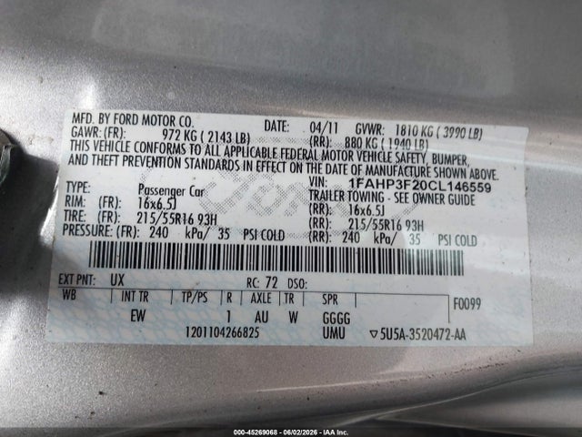 45269068 :رقم المزاد ، 1FAHP3F20CL146559 vin ، 2012 Ford Focus Se مزاد بيع