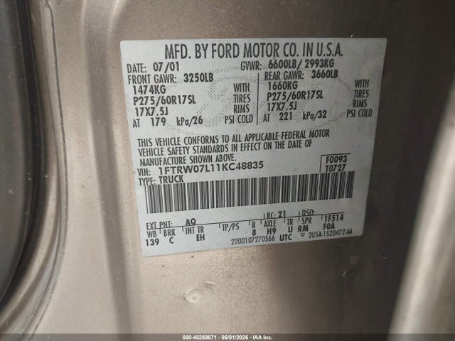Продаж на аукціоні авто 2001 Ford F-150 Harley-davidson Edition/king Ranch Edition/lariat/xlt, vin: 1FTRW07L11KC48835, номер лоту: 45269071