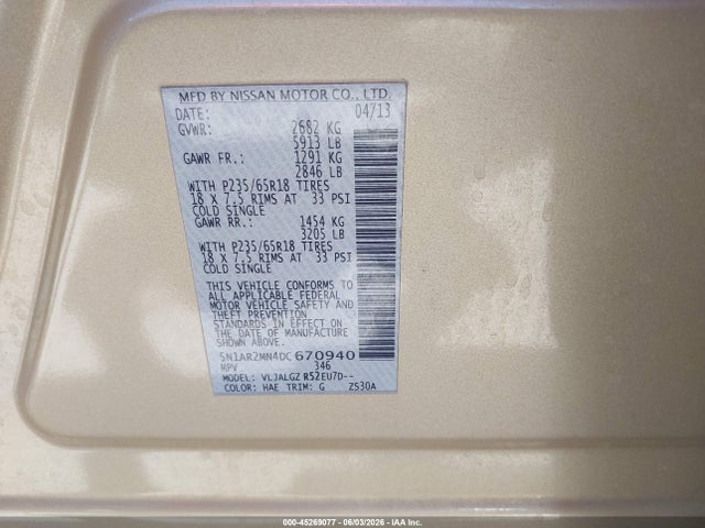 2013 Nissan Pathfinder Sl მანქანა იყიდება აუქციონზე, vin: 5N1AR2MN4DC670940, აუქციონის ნომერი: 45269077