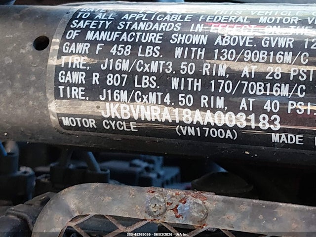 Продажа на аукционе авто 2010 Kawasaki Vn1700 A, vin: JKBVNRA18AA003183, номер лота: 45269099