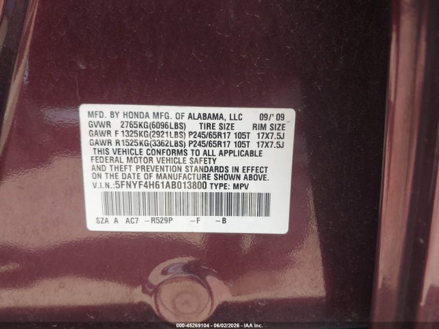2010 Honda Pilot Ex-l მანქანა იყიდება აუქციონზე, vin: 5FNYF4H61AB013800, აუქციონის ნომერი: 45269104