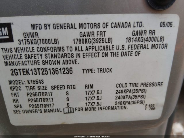 Aukcja sprzedaży 2005 Gmc Sierra 1500 Sle, vin: 2GTEK13T251361236, numer aukcji: 45269112
