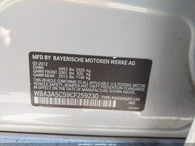 Aukcja sprzedaży 2012 Bmw 328i, vin: WBA3A5C59CF259230, numer aukcji: 45269137