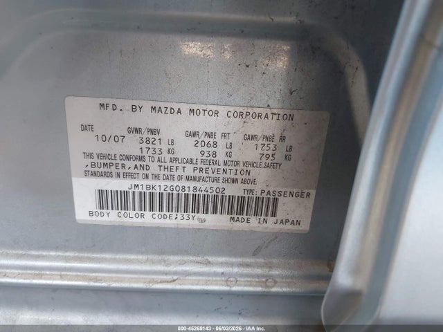 45269143 :رقم المزاد ، JM1BK12G081844502 vin ، 2008 Mazda Mazda3 I مزاد بيع