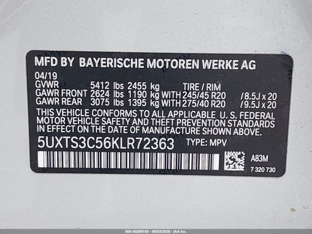 Aukcja sprzedaży 2019 Bmw X3 M40i, vin: 5UXTS3C56KLR72363, numer aukcji: 45269150