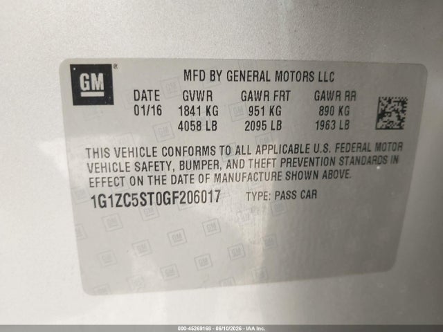 Продажа на аукционе авто 2016 Chevrolet Malibu 1fl, vin: 1G1ZC5ST0GF206017, номер лота: 45269168