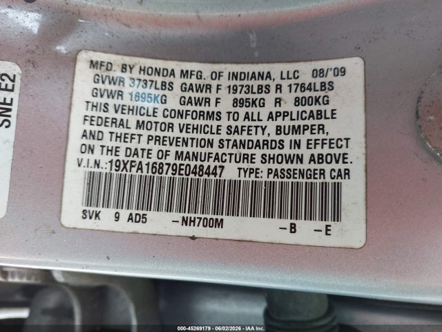 2009 Honda Civic Ex მანქანა იყიდება აუქციონზე, vin: 19XFA16879E048447, აუქციონის ნომერი: 45269179