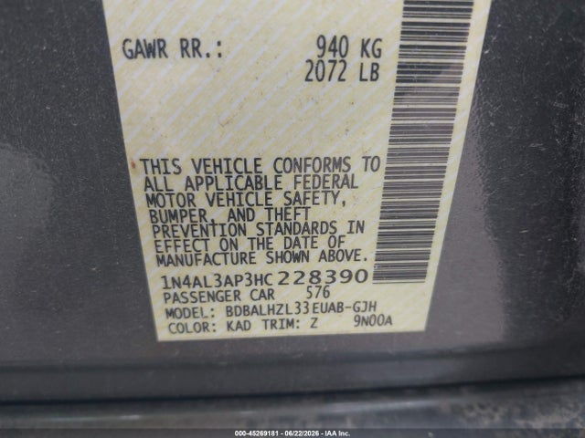 45269181 :رقم المزاد ، 1N4AL3AP3HC228390 vin ، 2017 Nissan Altima 2.5 Sr مزاد بيع