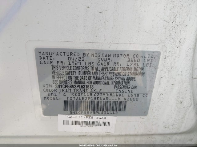 Продажа на аукционе авто 2023 Nissan Kicks S Xtronic Cvt, vin: 3N1CP5BV3PL531613, номер лота: 45269208