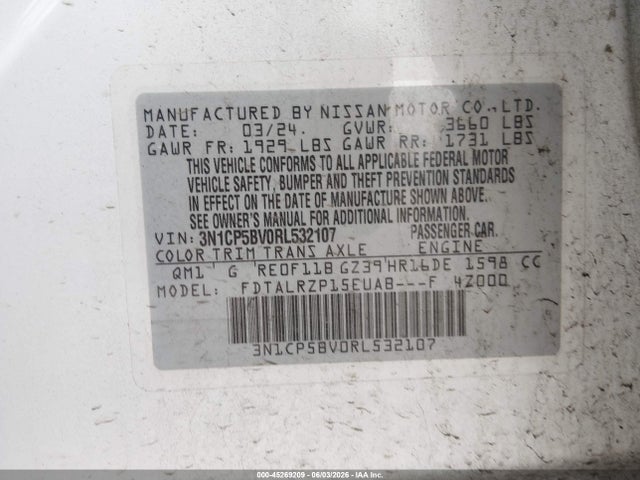 Aukcja sprzedaży 2024 Nissan Kicks S Xtronic Cvt, vin: 3N1CP5BV0RL532107, numer aukcji: 45269209