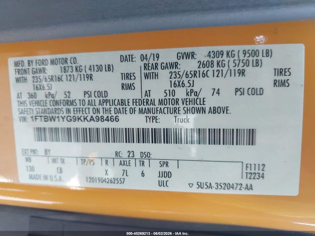 Aukcja sprzedaży 2019 Ford Transit-350, vin: 1FTBW1YG9KKA98466, numer aukcji: 45269213