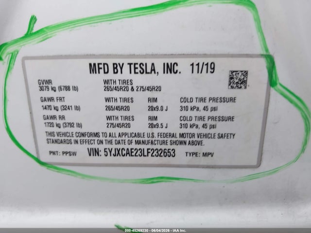 45269230 :رقم المزاد ، 5YJXCAE23LF232653 vin ، 2020 Tesla Model X Long Range Dual Motor All-wheel Drive/long Range Plus Dual Motor All-wheel Drive مزاد بيع
