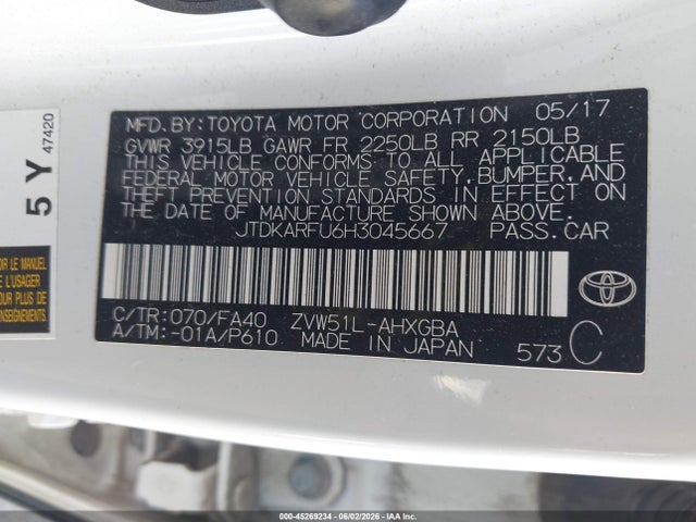 2017 Toyota Prius Three მანქანა იყიდება აუქციონზე, vin: JTDKARFU6H3045667, აუქციონის ნომერი: 45269234