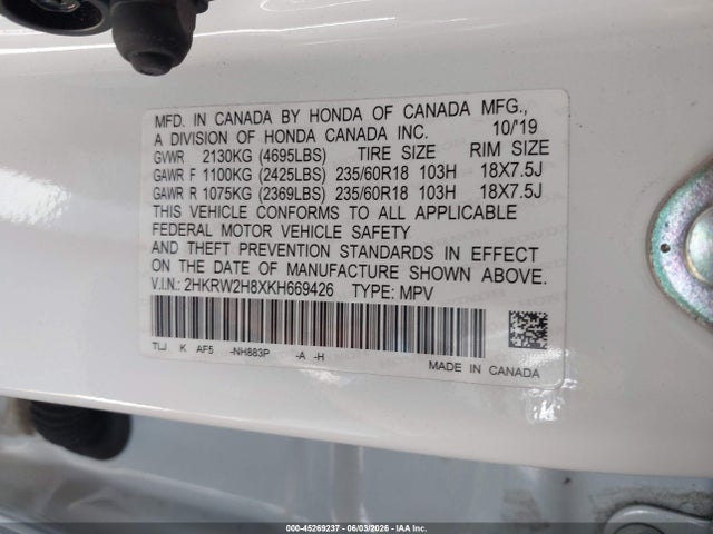 Aukcja sprzedaży 2019 Honda Cr-v Exl, vin: 2HKRW2H8XKH669426, numer aukcji: 45269237