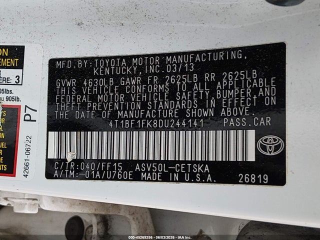 45269256 :رقم المزاد ، 4T1BF1FK8DU244141 vin ، 2013 Toyota Camry Se مزاد بيع
