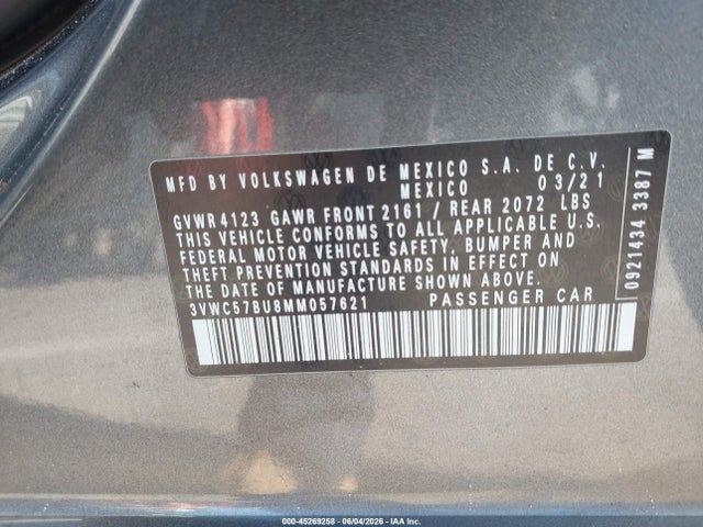 Продаж на аукціоні авто 2021 Volkswagen Jetta 1.4t R-line/1.4t S/1.4t Se, vin: 3VWC57BU8MM057621, номер лоту: 45269258