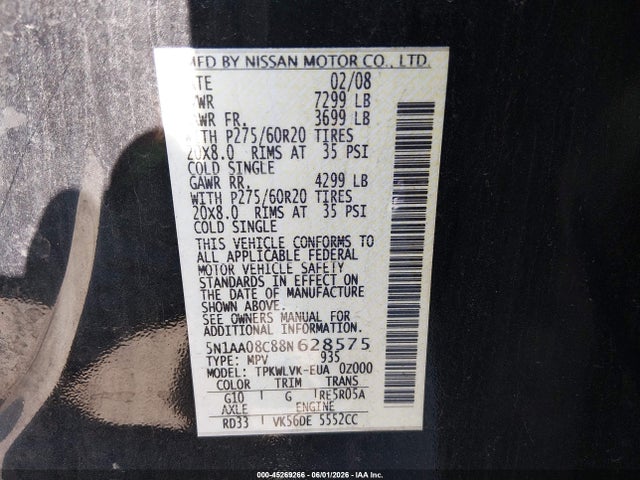 2008 Nissan Armada Le მანქანა იყიდება აუქციონზე, vin: 5N1AA08C88N628575, აუქციონის ნომერი: 45269266