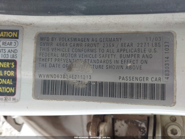Aukcja sprzedaży 2004 Volkswagen Passat Gl, vin: WVWND63B34E211213, numer aukcji: 45269269