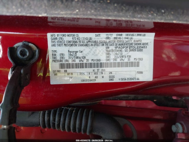45269275 :رقم المزاد ، 1FADP3F27DL225453 vin ، 2013 Ford Focus Se مزاد بيع