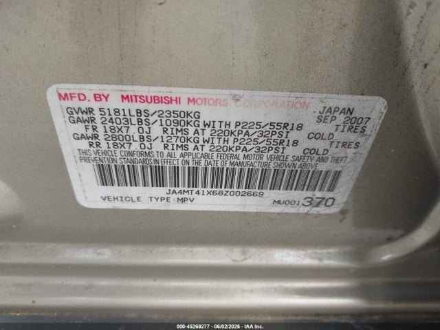 Aukcja sprzedaży 2008 Mitsubishi Outlander Xls, vin: JA4MT41X68Z002669, numer aukcji: 45269277