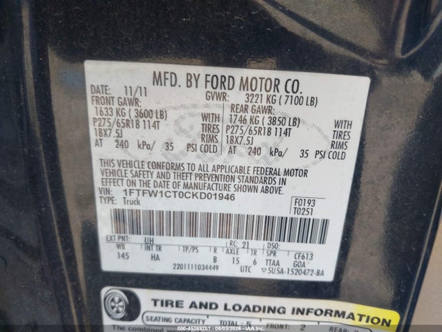 45269281 :رقم المزاد ، 1FTFW1CT0CKD01946 vin ، 2012 Ford F-150 Lariat مزاد بيع