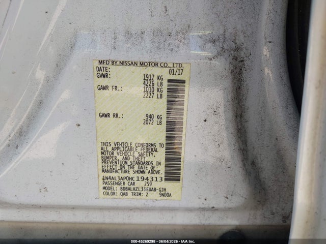 45269298 :رقم المزاد ، 1N4AL3AP0HC194313 vin ، 2017 Nissan Altima 2.5 Sr مزاد بيع