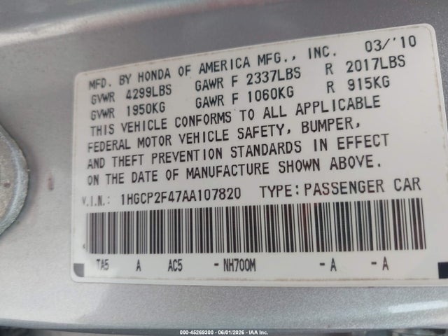 45269300 :رقم المزاد ، 1HGCP2F47AA107820 vin ، 2010 Honda Accord 2.4 Lx-p مزاد بيع