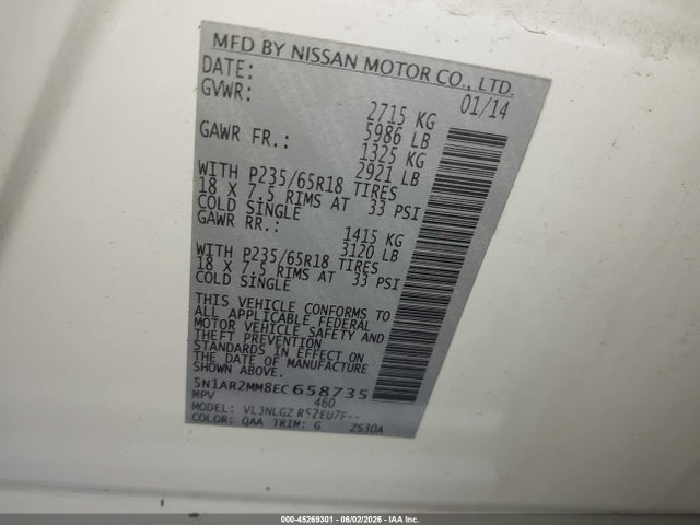 Продаж на аукціоні авто 2014 Nissan Pathfinder Sl, vin: 5N1AR2MM8EC658735, номер лоту: 45269301
