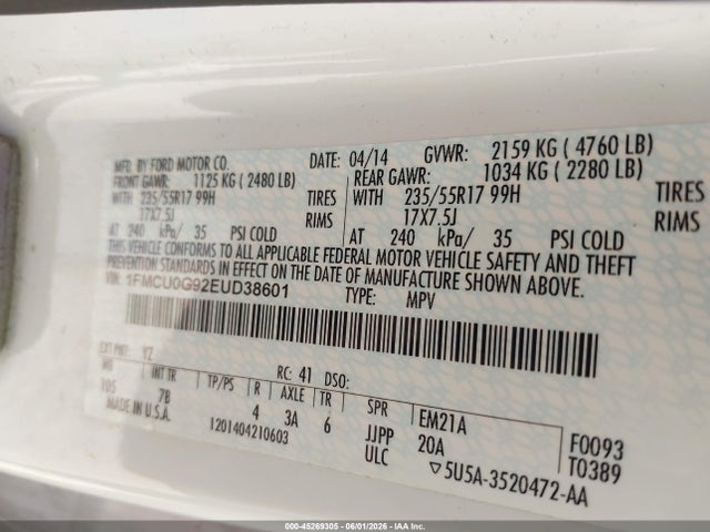 Продажа на аукционе авто 2014 Ford Escape Se, vin: 1FMCU0G92EUD38601, номер лота: 45269305