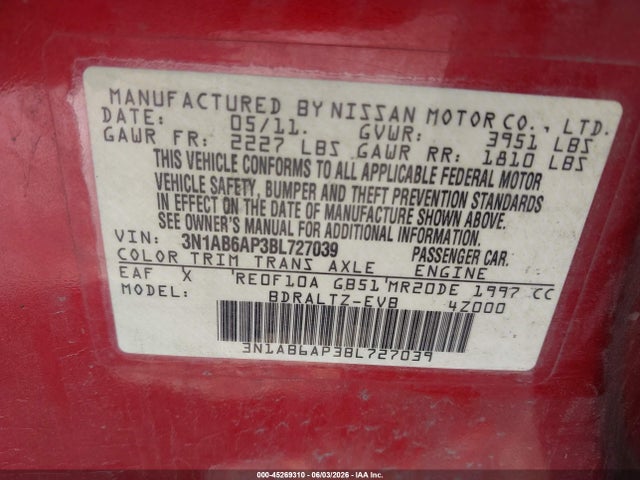 Продажа на аукционе авто 2011 Nissan Sentra 2.0sr, vin: 3N1AB6AP3BL727039, номер лота: 45269310