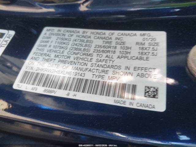 Aukcja sprzedaży 2020 Honda Cr-v Awd Ex-l, vin: 2HKRW2H8XLH619143, numer aukcji: 45269311