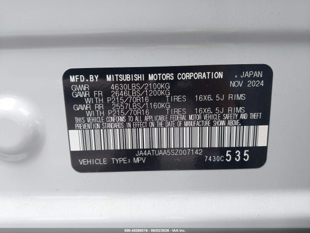 Aukcja sprzedaży 2025 Mitsubishi Eclipse Cross Es S-awc, vin: JA4ATUAA5SZ007142, numer aukcji: 45269316