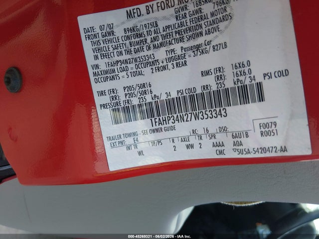 Aukcja sprzedaży 2007 Ford Focus S/se/ses, vin: 1FAHP34N27W353343, numer aukcji: 45269321