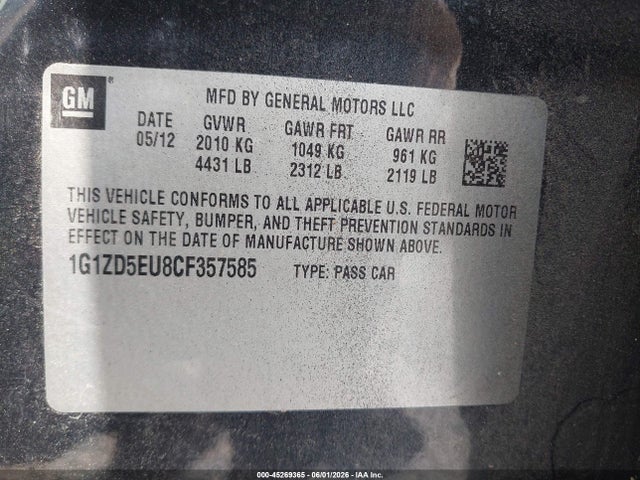 45269365 :رقم المزاد ، 1G1ZD5EU8CF357585 vin ، 2012 Chevrolet Malibu 2lt مزاد بيع