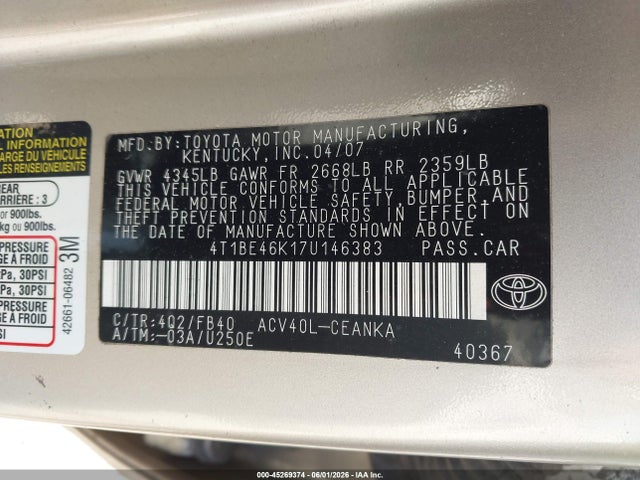 Aukcja sprzedaży 2007 Toyota Camry Le, vin: 4T1BE46K17U146383, numer aukcji: 45269374