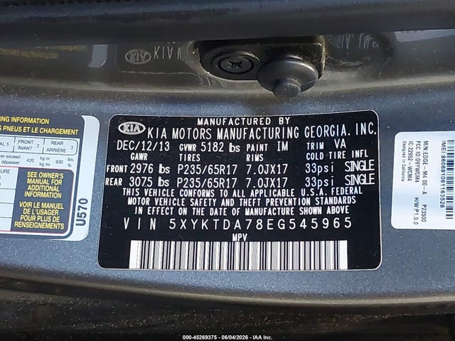 Aukcja sprzedaży 2014 Kia Sorento Lx V6, vin: 5XYKTDA78EG545965, numer aukcji: 45269375