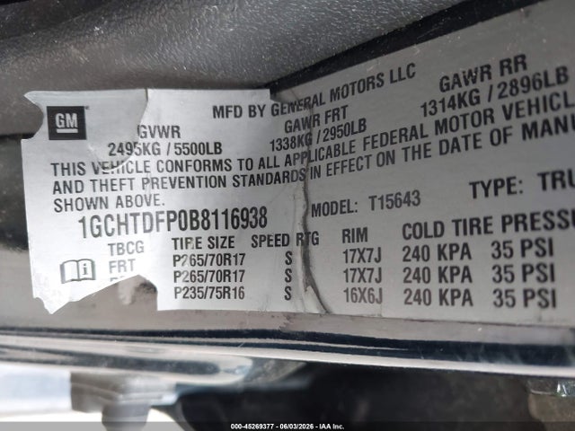 2011 Chevrolet Colorado 2lt მანქანა იყიდება აუქციონზე, vin: 1GCHTDFP0B8116938, აუქციონის ნომერი: 45269377