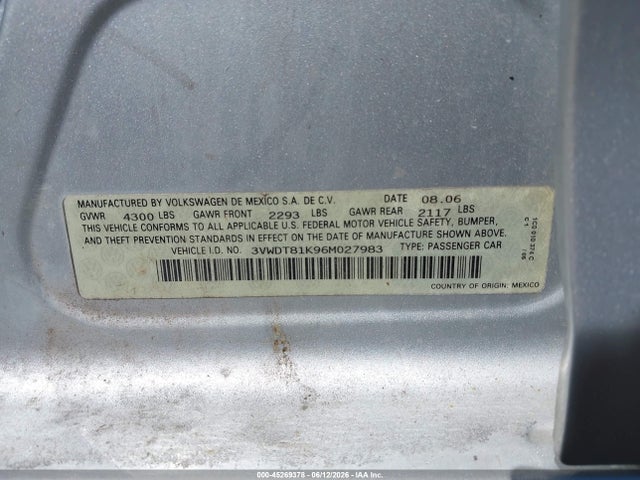 Aukcja sprzedaży 2006 Volkswagen Jetta Tdi, vin: 3VWDT81K96M027983, numer aukcji: 45269378